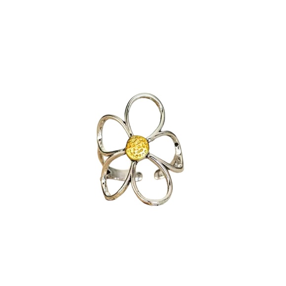 Boho Silver and Gold Daisy Flower Cuff Ring - Picture 2 of 10